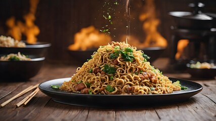 A Plate Of Hot Fried Noodles Full Of Fried Meat - obrazy, fototapety, plakaty