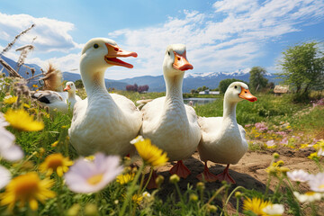 Obraz premium a group of geese in the wildflowers 