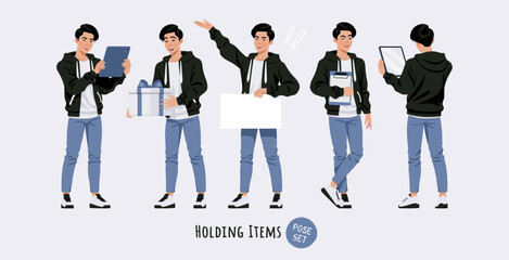 Asian guy, korean narrow eye slim man holding different items pose set. Cute hoodie, jeans casual outfit. Fashion beauty industry male idol, good-looking K-pop boy. Cartoon character illustration