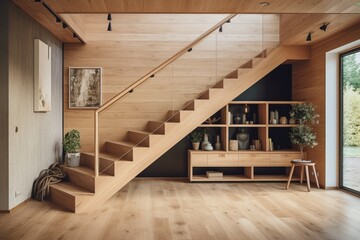 A room with a wooden floor and stairs. Scandinavian home interior design of modern living home.