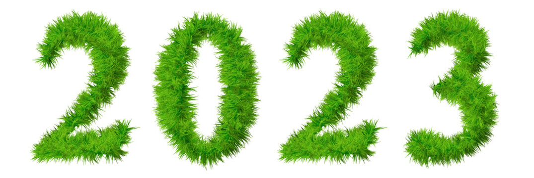 Concept conceptual 2023 year made of green summer lawn grass symbol isolated on white background. 3d illustration as a metaphor for future, nature, environment, organic growth, ecology, conservation