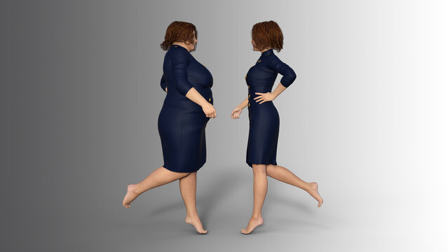 Conceptual fat overweight obese female vs slim fit healthy body after weight loss or diet with muscles thin young woman isolated. A 3D illustration metaphor for fitness, nutrition or fatness obesity