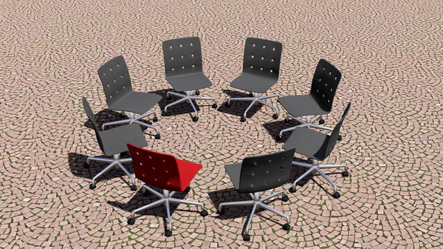 Concept, conceptual red chair standing out in a meeting on a cobblestone floor background. 3D Illustration as a metaphor for leadership, vision and strategy, creativity and individuality, achievement.