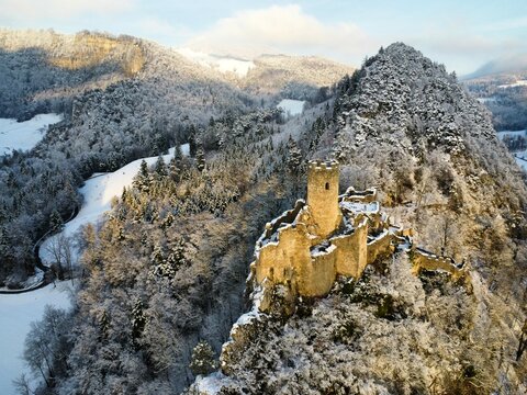 Aerial view of ruins of the medieval castle Neu-Falkenstein in wintertime, canton of Solothurn, Switzerland
