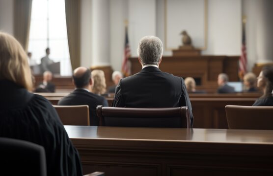 Attester talking to magistrate in court. the law adjustment concept. Lawyer in court room presents side interests in dispute before judge. Lawyer protects rights of defendant.