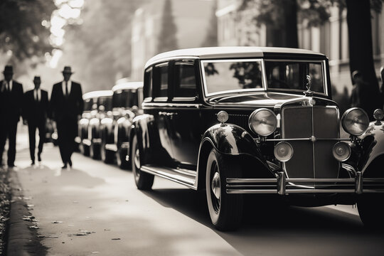 a funeral procession with a hearse rides down the street