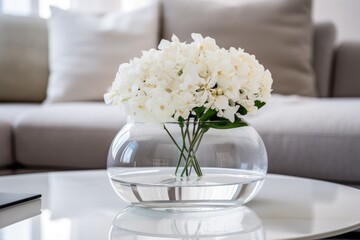 A vase filled with white flowers on top of a table. Scandinavian home interior design of modern living home.