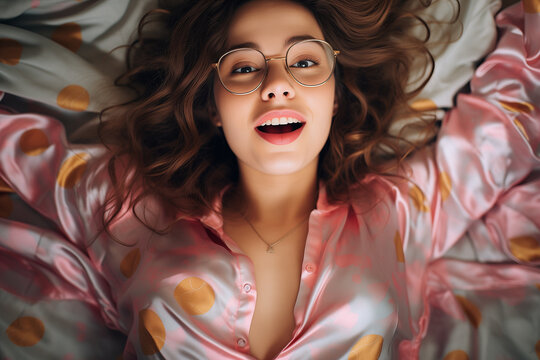 Girl in bed smiling, top view