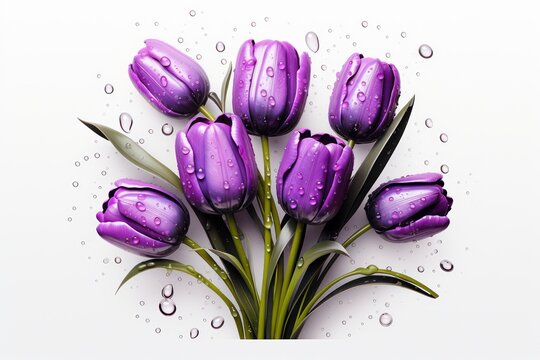 Polymer clay purple tulips black floral bouquet with rain drops on each petal