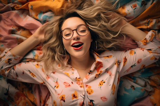 Girl in bed smiling, top view