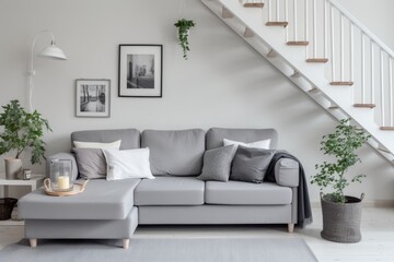 Fototapeta premium A living room with a gray couch and white stairs. Scandinavian home interior design of modern living home.