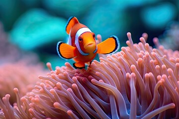 Naklejka na ściany i meble Exotic marine clown fish on a coral background ,