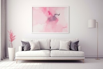 A living room with a white couch and a pink painting on the wall. Scandinavian home interior design of modern living home.