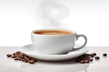 Coffee in coffee cup with steam over cup, white background