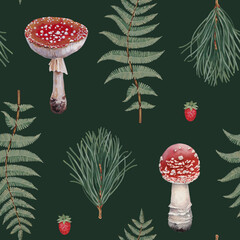 Hand painted pattern design with acrylic illustrations of fly agaric and forest botanica. Perfect for prints, fabrics, wallpapers, apparel, home textile, packaging design, stationery