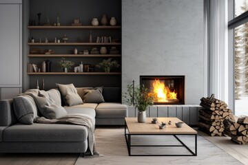 A living room filled with furniture and a fire place. Scandinavian home interior design of modern living home.