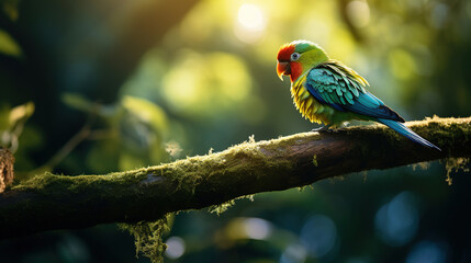 Obraz premium a bird with colorful beak sitting in dark green forest in blurred background, cinematic, with empty copy space