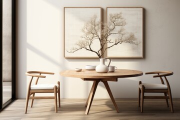 A table with two chairs and a vase on it. Scandinavian home interior design of modern living home.