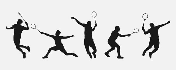 set of silhouettes of athletes or male badminton players. isolated on white background. graphic vector illustration. - obrazy, fototapety, plakaty