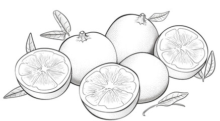 black and white pattern drawing of fruit pomelo healthy food concept Arrange a beautiful top view with space on a white background.