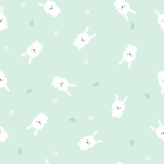 Seamless pattern with rabbit, daisy flower and leaf  on pastel background vector illustration.