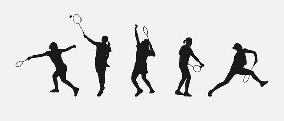 set of silhouettes of female athletes or badminton players. isolated on white background. graphic vector illustration.