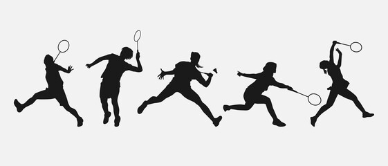 set of silhouettes of female athletes or badminton players. isolated on white background. graphic vector illustration. - obrazy, fototapety, plakaty