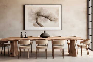A dining room table with chairs and a vase. Scandinavian home interior design of modern living home.