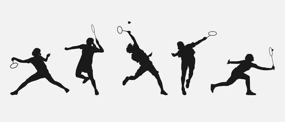 set of silhouettes of female athletes or badminton players. isolated on white background. graphic vector illustration.