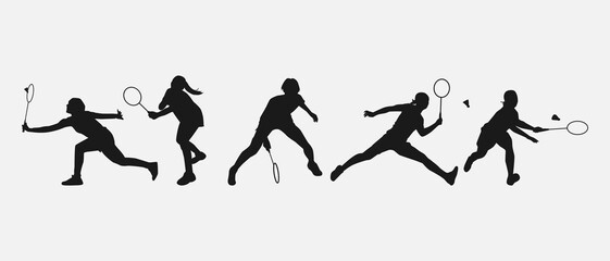 set of silhouettes of female athletes or badminton players. isolated on white background. graphic vector illustration.