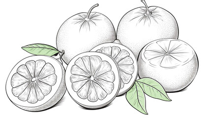 black and white pattern drawing of fruit pomelo healthy food concept Arrange a beautiful top view with space on a white background.