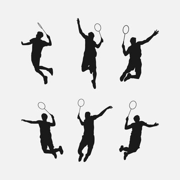 set of silhouettes of athletes or male badminton players doing jumping smash. isolated on white background. graphic vector illustration.