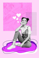 Poster collage picture of nice cheerful happy dreamy girl falling in love isolated on purple color drawing background