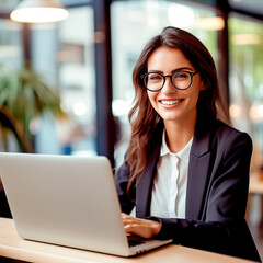 Smiling Businesswoman In Glasses Making A Video Call On Her Laptop In The Office - legal AI