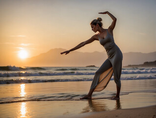 A middle-aged woman doing the warrior yoga position on the sandy shores of a beach at sunset. Side view.