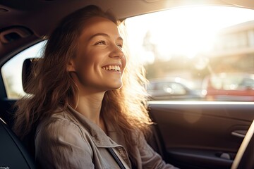 A smiling, happy girl is driving in a car.