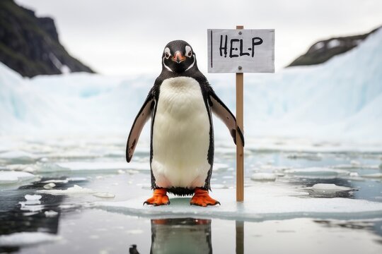 A penguin standing on a block of ice holding a sign that says HELP.