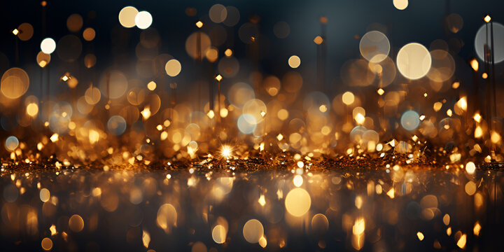Breathtaking Christmas Elements in Glowing Gold Bokeh Background yellow Bokeh Out of focus background bokeh gold color sparking blight Christmas bokeh with Christmas elements golden.AI Generative