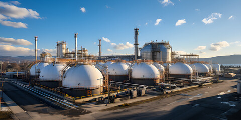 White spherical propane tanks containing fuel gases Gas storage sphere tank in petrochemical industry zone with oil and gas refinery factory plant.AI Generative - obrazy, fototapety, plakaty