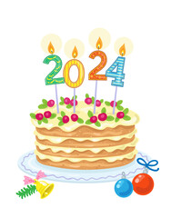 Big beautiful Christmas cake with colored holiday candles. New Year 2024. In cartoon style. Isolated on white background. Vector illustration