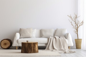 A living room with a white couch and a tree stump. Scandinavian home interior design of modern living home.