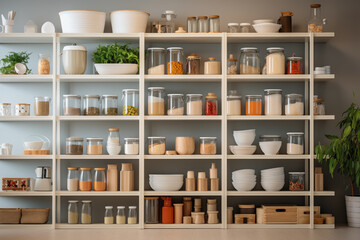 Fototapeta na wymiar jars on the shelf, organization of home storage of products