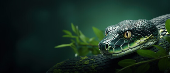 Fototapeta premium Front view of snake on green background. Wild animals banner with copy space