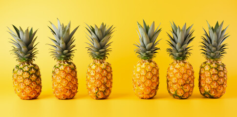 fresh pineapple fruit healthy food concept Arrange a beautiful top view with space on a yellow background.
