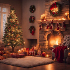 fireplace with Christmas decorations and Christmas tree with fireplace