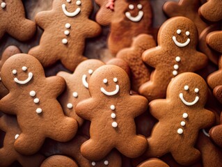 homemade Christmas cookies gingerbread man food background Tasty gingerbread cookies and Christmas decor on wooden background