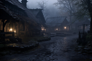 A gloomy medieval village with a tavern on a moonlit night - obrazy, fototapety, plakaty