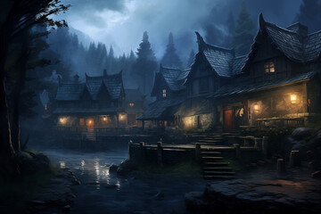 Obraz premium A gloomy medieval village with a tavern on a moonlit night