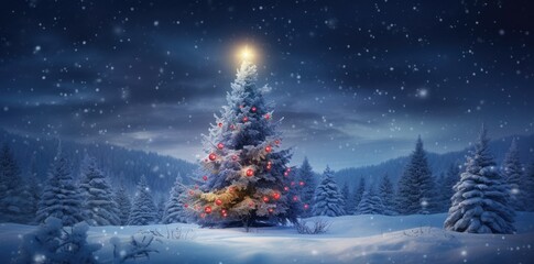 Christmas tree with a glowing top inside a winter landscape at night.