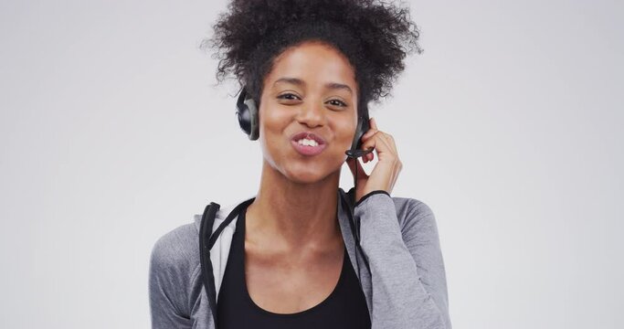 Happy, consultant and portrait in call center with support, advice and customer service in white background. Black woman, contact us or telemarketing help desk or communication for sales with face